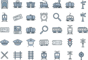 Vector set of railway and train transportation icons including trains, tickets, rail signals, traffic lights, railcars, tracks, and transportation symbols