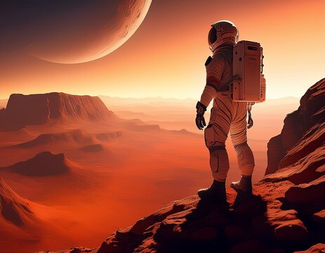 astronaut standing on a cliff with landscape of mars in the background - Powered by Adobe