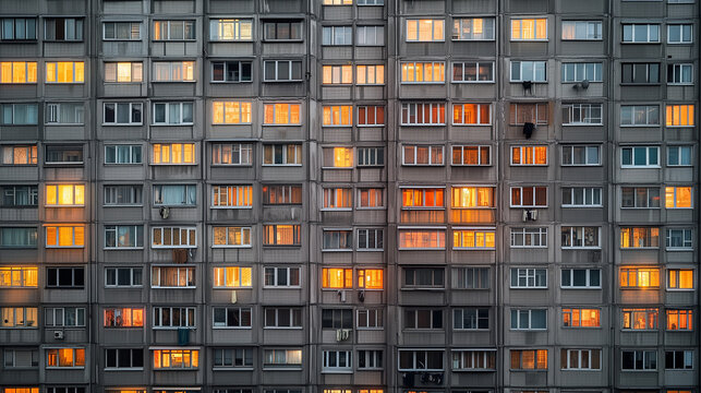 Symmetrical facade of a Soviet-era apartment building with glowing windows at sunset, highlighting urban density.