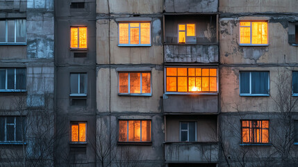 Old Soviet-style apartment building with glowing orange windows at dusk, conveying warmth amid urban decay.