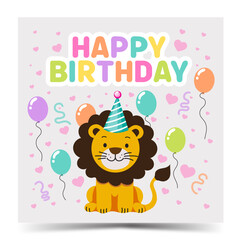 Colorful Kids Birthday Card Vector Template with Balloons and Cute Little Lion