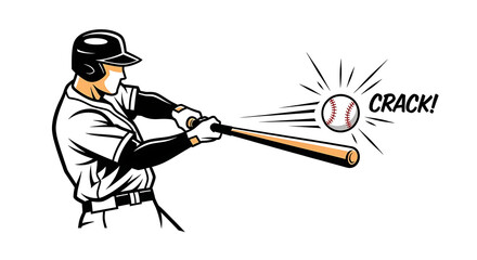 A baseball player hitting a ball with a bat and the word crack showing the impact of the baseball hit ai generated