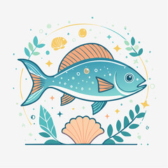 Blue Fish With Orange Fin Surrounded By Teal And Peach Flora On White Background