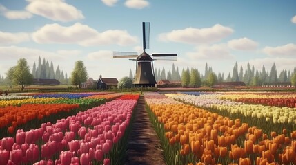Dutch countryside with windmills and colorful tulip fields