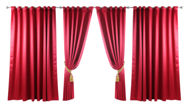 A classic red velvet theater curtain, perfect for a grand stage or cinema show backdrop on white Background