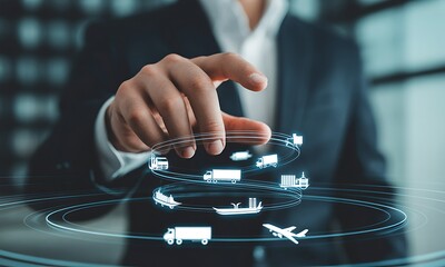 Businessman interacting with holographic logistics icons showcasing global transportation modes, ideal for illustrating supply chain management and delivery solutions