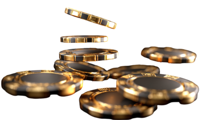 flying golden casino chips isolated on transparent white background, 
