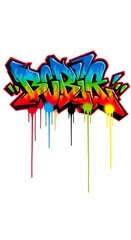 Abstract graffiti art featuring colorful, dripping letters and a modern urban aesthetic on a white backdrop.