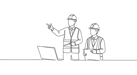 engineers discussing project details using laptop and blueprints