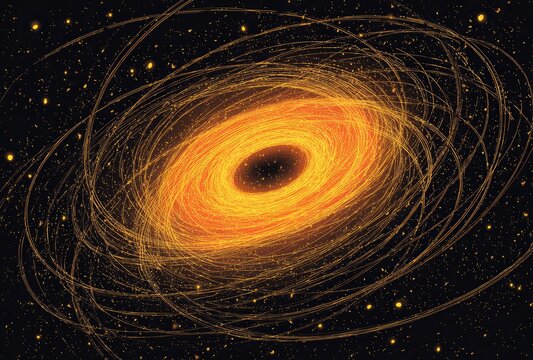 A stylized depiction of a black hole, its accretion disk glowing intensely orange-yellow, surrounded by swirling, luminous gas and dust trails against a dark, star-studded backdrop