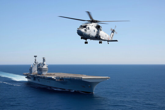 Helicopter flying over a naval ship in clear blue waters