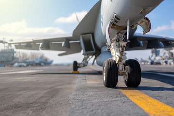 Military aircraft prepares for takeoff on aircraft carrier deck