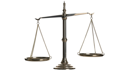 Isolated antique golden weighing scale tool in equilibrium for law, justice or balance