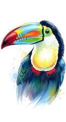 Close-up portrait of a tropical toucan bird with a large, brightly colored beak and detailed feathers, set against a white background with abstract watercolor effects.