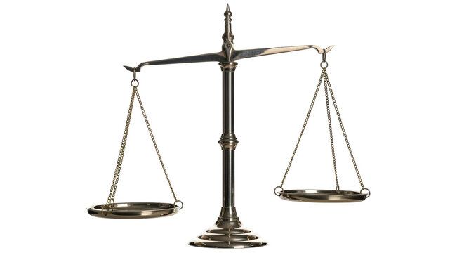 Isolated antique golden weighing scale tool in equilibrium for law, justice or balance