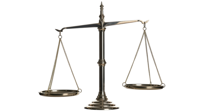 Isolated antique golden weighing scale tool in equilibrium for law, justice or balance