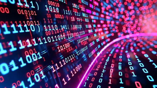 Abstract visualization of big data with vibrant neon lights and binary code. Big data visualization
