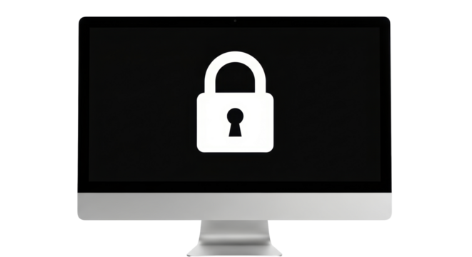 Isolated computer display shows lock icon, representing privacy, data protection concept