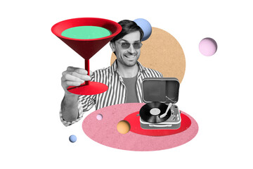 Creative collage picture young man hold martini glass beverage drink gramophone party 3d spheres...