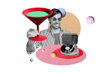 Creative collage picture young man hold martini glass beverage drink gramophone party 3d spheres celebrate friday clubbing