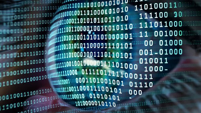 Close-up of an eye with binary code and data visualizations in the iris, depicting big data insights. Big data visualization