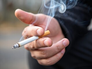 Close-up of a hand holding a lit cigarette with elegant smoke swirling upwards, symbolizing addiction, health risks, and the complex habit of smoking. Ideal for public health campaigns or lifestyle co