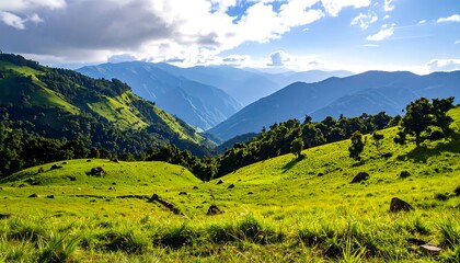 Naklejka premium Lush green grassy hills lead to blue mountain ranges under a sunny, cloudy sky