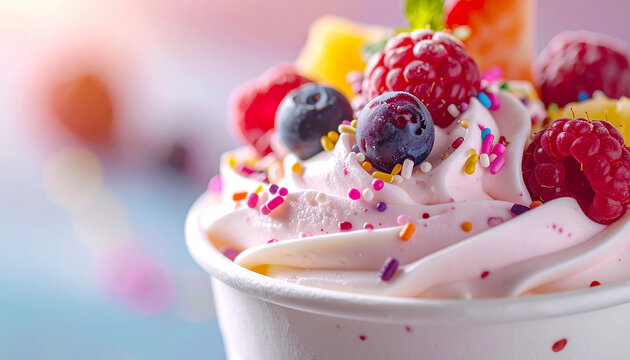 Creamy frozen yogurt in cup, fresh fruit, sprinkles on top. Tasty sweet food. Delicious dessert - Powered by Adobe