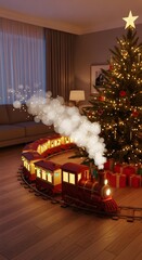 A detailed view of a festive living room scene with a vintage toy train circling a beautifully decorated Christmas tree.