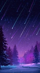 Fototapeta premium A stylized night scene depicting a snowy forest under a vibrant purple and blue sky filled with numerous multicolored shooting stars