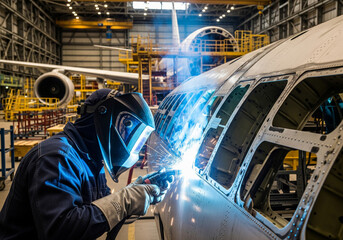 Welder working on airplane fuselage in large hangar with sparks flying, showcasing skilled labor and precision in aviation manufacturing.
