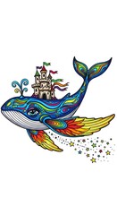 A fantastical pixel art illustration of a large whale with vibrant, colorful patterns, carrying a medieval castle on its back, flying through the sky.