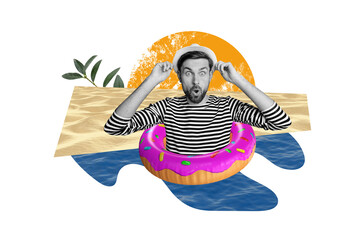 Composite photo collage of astonished man sailor swim donut lifebuoy ocean resort vacation travel beach isolated on painted background