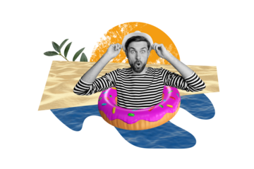Composite photo collage of astonished man sailor swim donut lifebuoy ocean resort vacation travel beach isolated on painted background