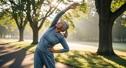Senior woman stretching exercise outdoor park fitness wellness healthy lifestyle morning sunlight health care