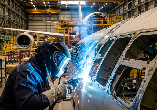 Welder working on airplane fuselage in large hangar with sparks flying, showcasing skilled labor and precision in aviation manufacturing.