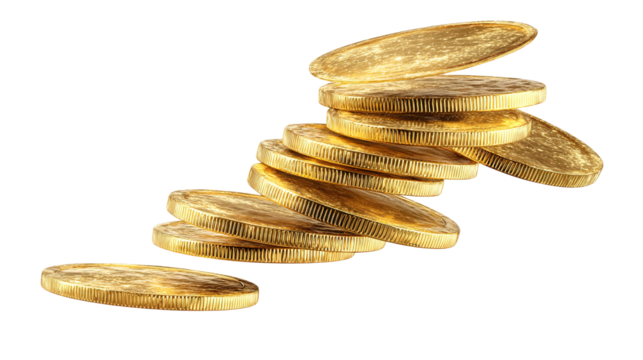 flying golden casino chips isolated on transparent white background, 