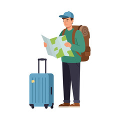 Vector art of a young man with a backpack and suitcase holding a map