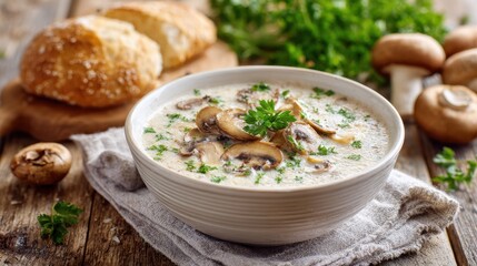 Creamy mushroom soup in a bowl garnished with fresh parsley next to crusty bread and whole mushrooms