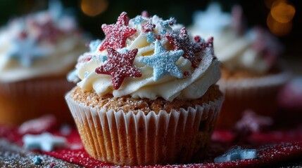Delicious cupcake with white frosting and red and blue star decorations dusted with powdered sugar