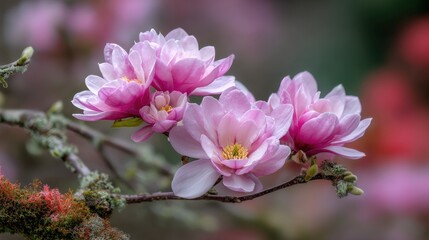 Fototapeta premium Delicate pink magnolia blossoms bloom on a moss covered tree branch soft focus background