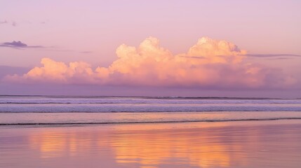 sand. A breathtaking tropical beach sunset with vibrant clouds and golden reflections on the wet sand. inspiring travel planning, travel magazines, designed for outdoor magazines and nature guides.
