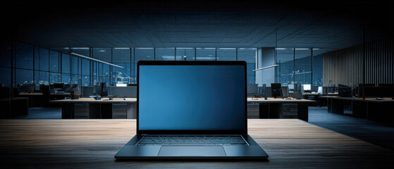 A sleek laptop sits on a wooden desk in a dimly lit office, surrounded by empty workspaces and large windows showcasing a city view.