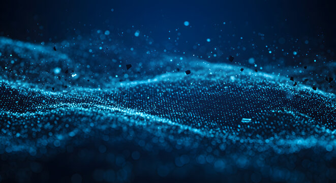 Abstract Blue Digital Particle Wave Background with Dark Fragments for Science and Technology Projects, a mesmerizing display of modern innovation