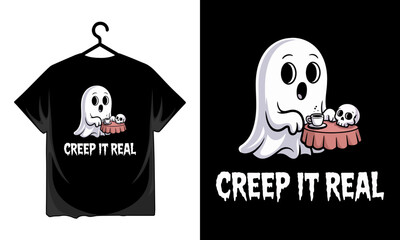 Cute cartoon ghost enjoying coffee with a skull on a table with the text creep it real T-shirt