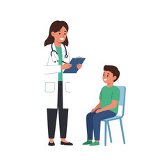 Vector art of a smiling female doctor wearing a white coat and stethoscope holds a clipboard while a young boy sits on a chair in a medical examination room