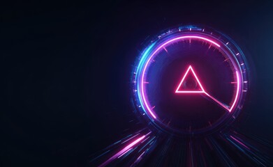 A vibrant, neon-lit circular gauge with a pink triangle pointer, set against a dark background featuring streaks of light suggesting speed and motion. The gauge has a futuristic