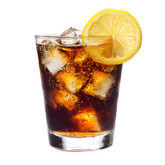 Refreshing soda drink with lemon slice in a glass on white background