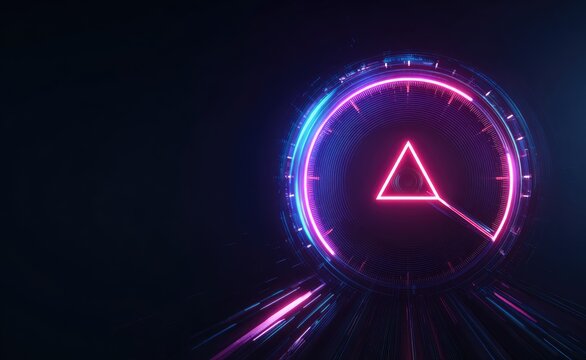 A vibrant, neon-lit circular gauge with a pink triangle pointer, set against a dark background featuring streaks of light suggesting speed and motion.  The gauge has a futuristic