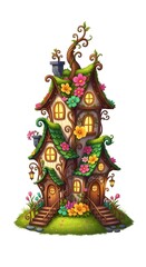 A charming, multi-story dwelling with a unique pixel art aesthetic, featuring a steeply pitched roof covered in moss and blooming flora, set against a plain background.